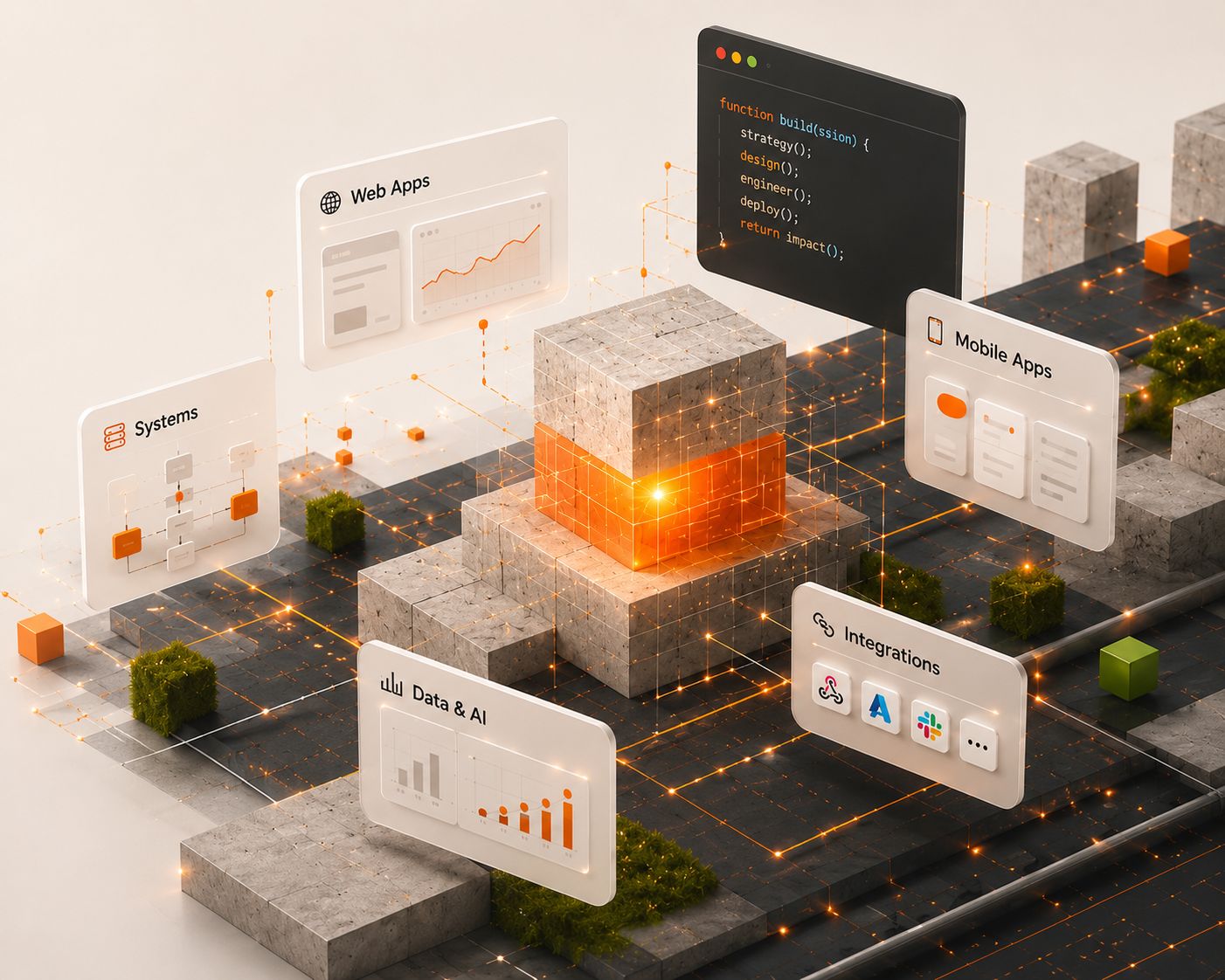 Isometric scene of a modular stone platform with a glowing orange core, surrounded by floating UI panels for Web Apps, Mobile Apps, Systems, Data & AI, and Integrations connected by light traces.